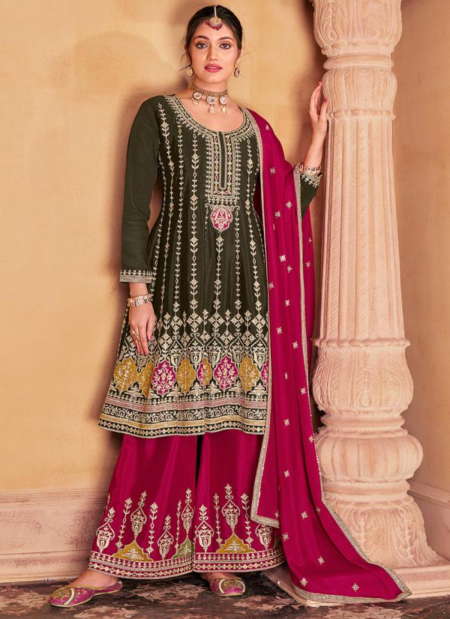 Chinnon Silk Mahendi Wedding Wear Embroidery Work Readymade Palazzo Suit